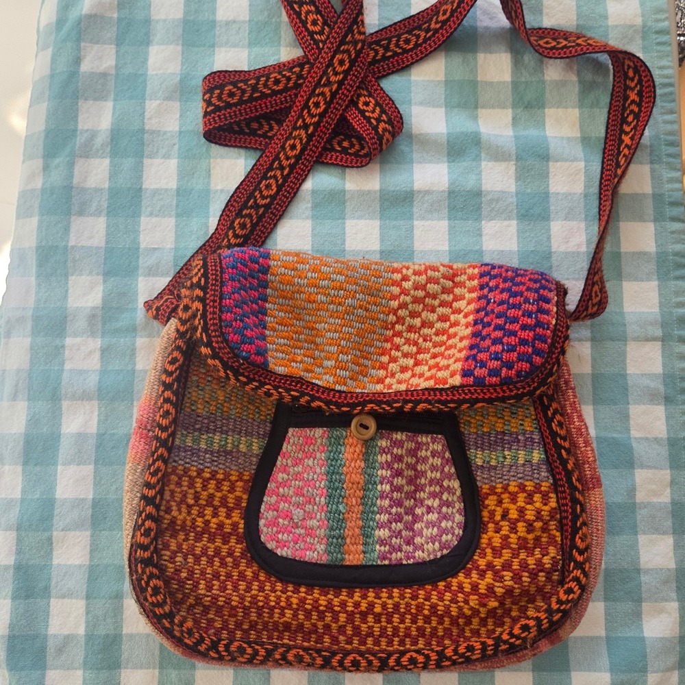 Vintage 70s Handwoven Boho Crossbody Bag Multicolor Geometric Festival Hippie